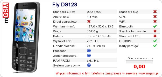 Dane telefonu Fly DS128 Dane telefonu Fly DS128
