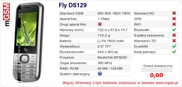 Dane telefonu Fly DS129