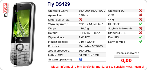 Dane telefonu Fly DS129 Dane telefonu Fly DS129