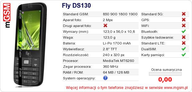 Dane telefonu Fly DS130 Dane telefonu Fly DS130