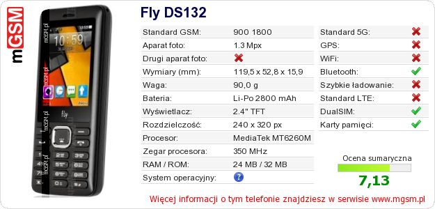 Dane telefonu Fly DS132 Dane telefonu Fly DS132