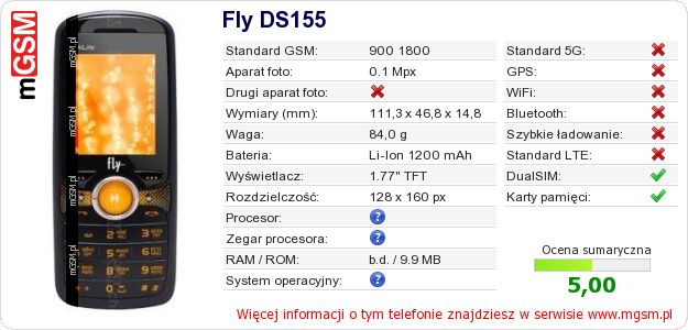 Dane telefonu Fly DS155 Dane telefonu Fly DS155