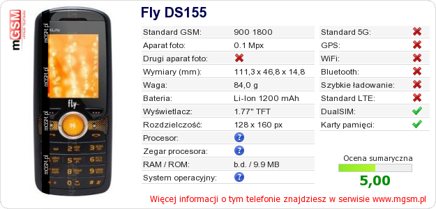 Dane telefonu Fly DS155 Dane telefonu Fly DS155