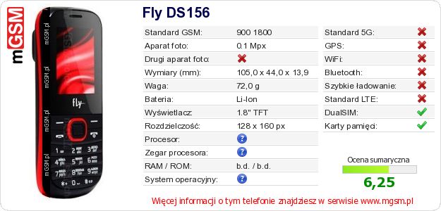 Dane telefonu Fly DS156 Dane telefonu Fly DS156