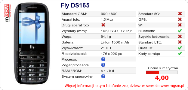 Dane telefonu Fly DS165