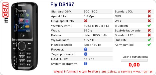 Dane telefonu Fly DS167 Dane telefonu Fly DS167