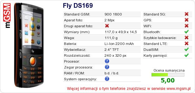 Dane telefonu Fly DS169