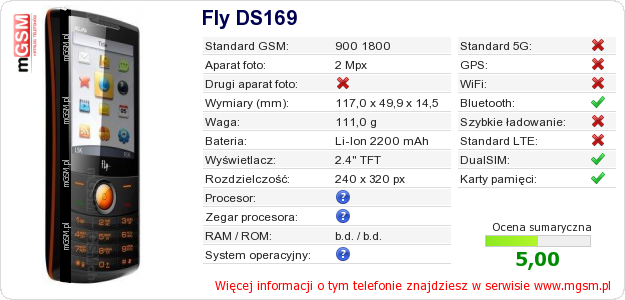 Dane telefonu Fly DS169