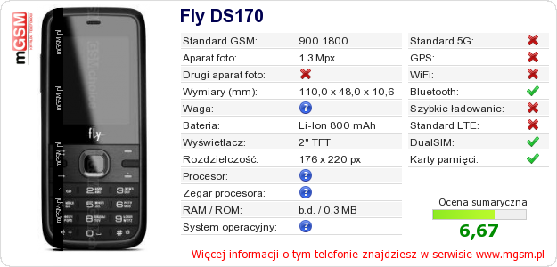 Dane telefonu Fly DS170