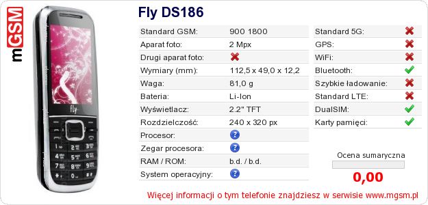 Dane telefonu Fly DS186