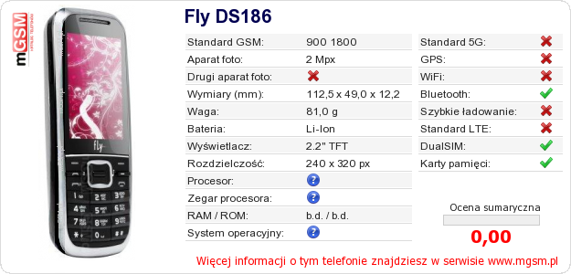 Dane telefonu Fly DS186