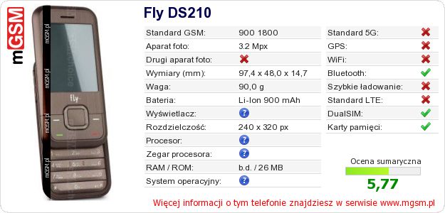 Dane telefonu Fly DS210
