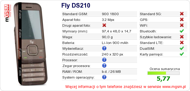 Dane telefonu Fly DS210