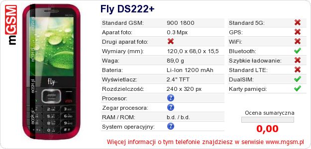 Dane telefonu Fly DS222+