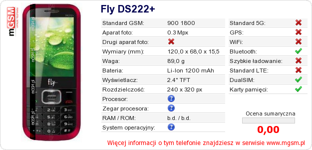 Dane telefonu Fly DS222+