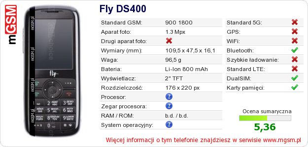 Dane telefonu Fly DS400 Dane telefonu Fly DS400