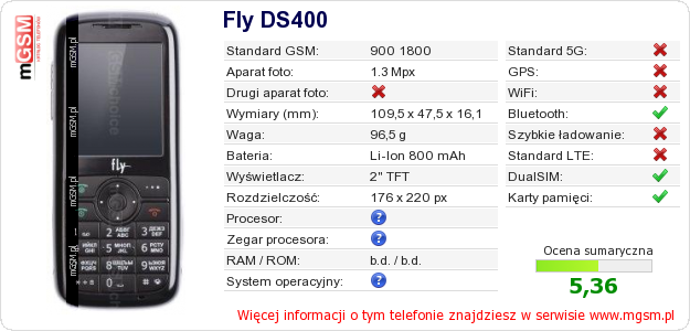 Dane telefonu Fly DS400