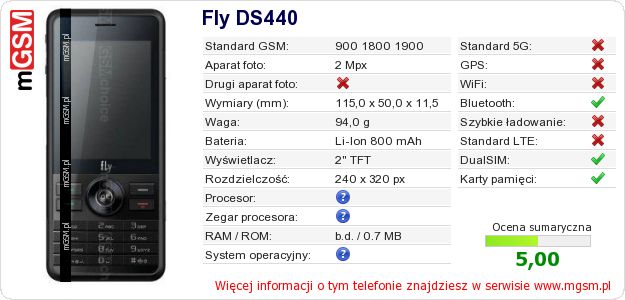 Dane telefonu Fly DS440