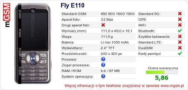 Dane telefonu Fly E110 Dane telefonu Fly E110