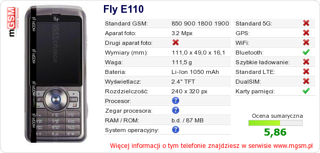 Dane telefonu Fly E110