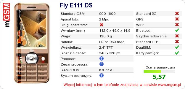 Dane telefonu Fly E111 DS