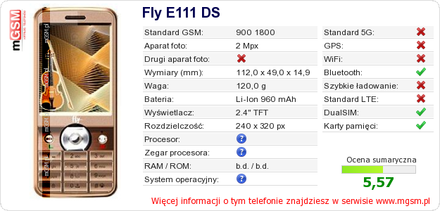Dane telefonu Fly E111 DS