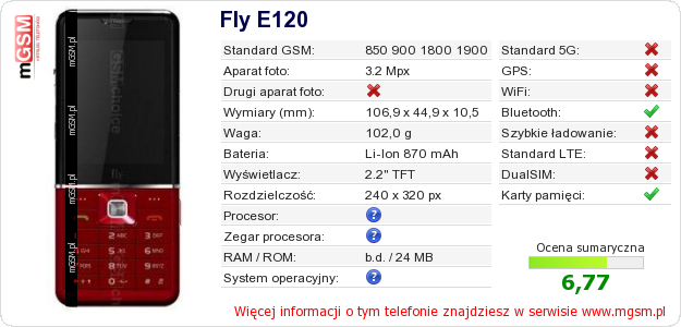 Dane telefonu Fly E120