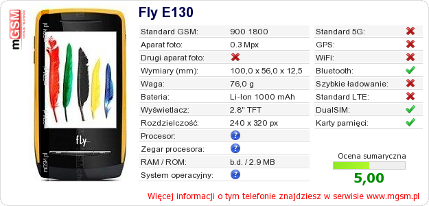 Dane telefonu Fly E130 Dane telefonu Fly E130