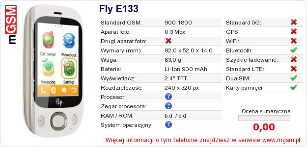 Dane telefonu Fly E133 Dane telefonu Fly E133
