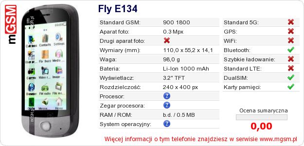Dane telefonu Fly E134 Dane telefonu Fly E134