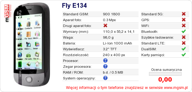 Dane telefonu Fly E134