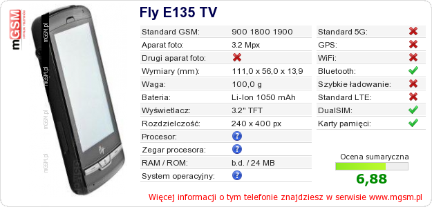 Dane telefonu Fly E135 TV