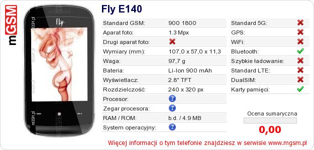 Dane telefonu Fly E140 Dane telefonu Fly E140