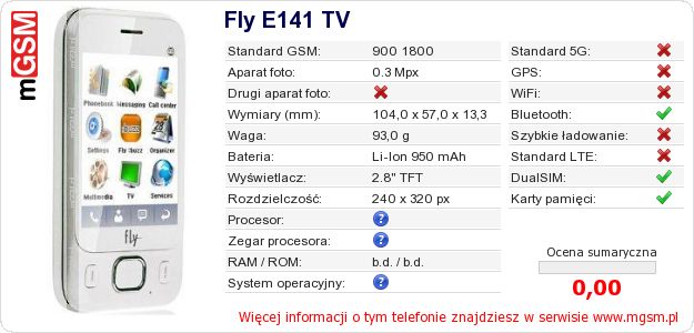 Dane telefonu Fly E141 TV Dane telefonu Fly E141 TV