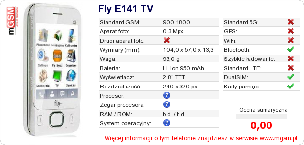 Dane telefonu Fly E141 TV