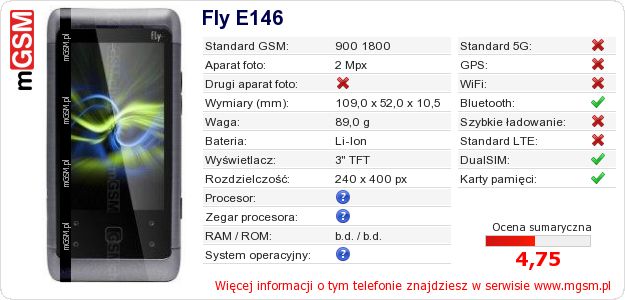 Dane telefonu Fly E146 Dane telefonu Fly E146