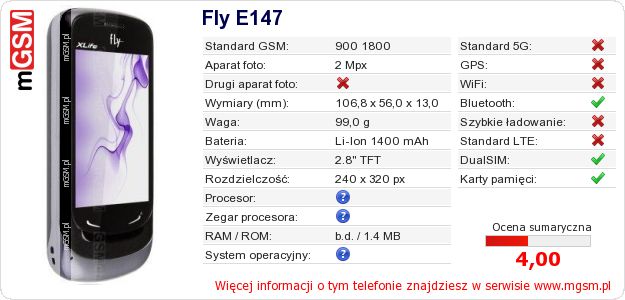 Dane telefonu Fly E147 Dane telefonu Fly E147