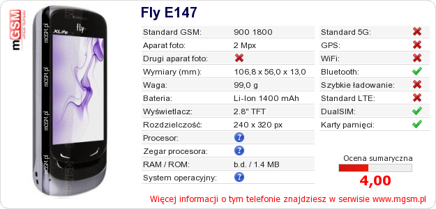 Dane telefonu Fly E147