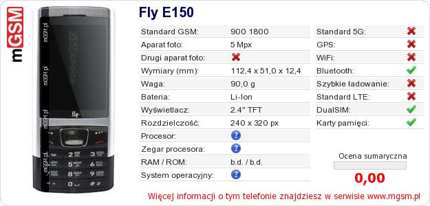 Dane telefonu Fly E150