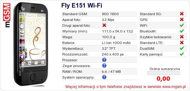 Dane telefonu Fly E151 Wi-Fi