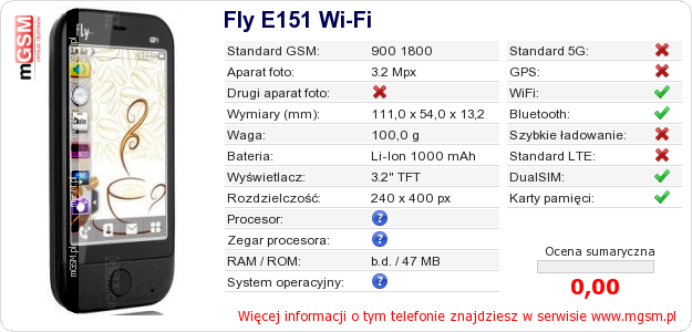 Dane telefonu Fly E151 Wi-Fi