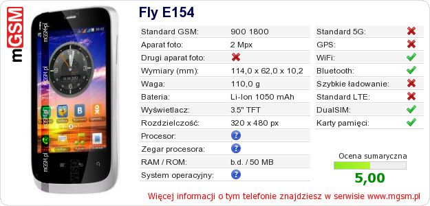 Dane telefonu Fly E154