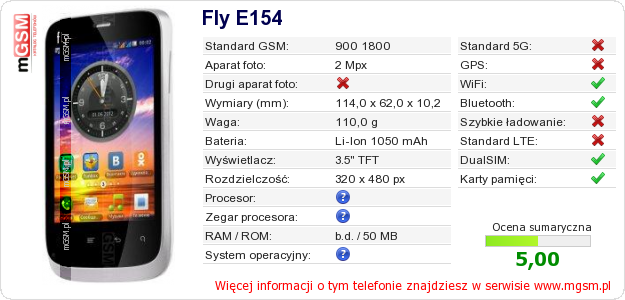 Dane telefonu Fly E154