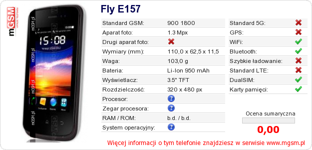 Dane telefonu Fly E157