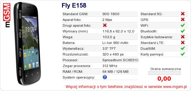 Dane telefonu Fly E158 Dane telefonu Fly E158