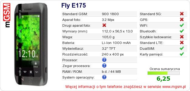 Dane telefonu Fly E175