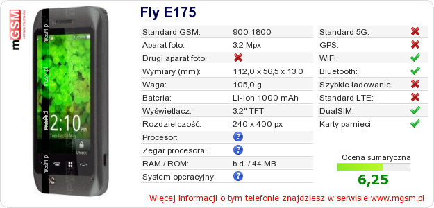 Dane telefonu Fly E175 Dane telefonu Fly E175