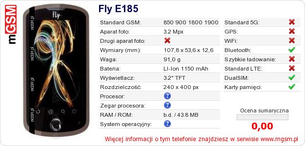 Dane telefonu Fly E185