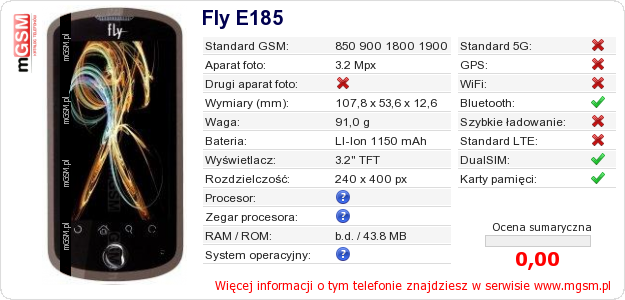 Dane telefonu Fly E185 Dane telefonu Fly E185