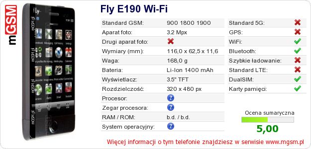 Dane telefonu Fly E190 Wi-Fi